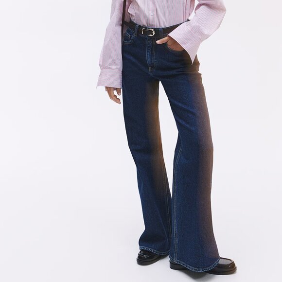 H&M 5-pocket High Waist Flare Jeans Dark Wash Stretch Slim Fit Size 16 NWT - Picture 1 of 10